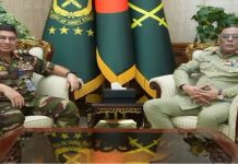 ڈھاکہ (ٹی این ایس) چیئرمین جوائنٹ چیفس آف اسٹاف کمیٹی جنرل ساحر شمشاد کی بنگلادیش کے آرمی چیف سے ملاقات،دفاعی تعاون بڑھانے پر اتفاق