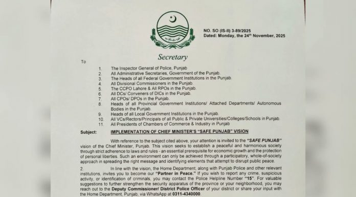 راولپنڈی (ٹی این ایس) وزیراعلیٰ پنجاب کے “سیف پنجاب” وژن پر عملدرآمد