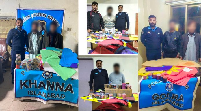 اسلام آباد (ٹی این ایس) پولیس کا پتنگ بازوں سمیت پتنگ فروشوں کے خلاف بڑ ے پیمانے پر کر یک ڈاون