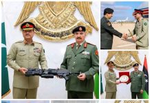 راولپنڈی (ٹی این ایس) فیلڈ مارشل سید عاصم منیر، سرکاری دورے پر لیبیا پہنچے جہاں انہوں نے لیبیا کی مسلح افواج کے کمانڈر اِن چیف فیلڈ مارشل خلیفہ بلقاسم حفتر اور نائب کمانڈر اِن چیف لیفٹیننٹ جنرل صدام خلیفہ حفتر سے ملاقات کی۔