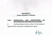 اسلام آباد (ٹی این ایس) صدرِ مملکت آصف علی زرداری کی نہال ہاشمی کو گورنر سندھ تعینات کرنے کی منظوری۔