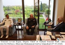 اسلام آباد (ٹی این ایس) ترک جنرل اسٹاف کے نائب سربراہ کی وزیر دفاع خواجہ آصف سے ملاقات ۔۔۔