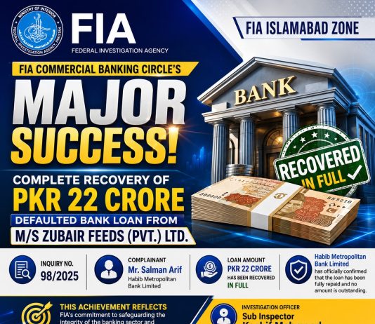 اسلام آباد (ٹی این ایس) ایف آئی اے کمرشل بینکنگ سرکل کی موثر کارروائی – ایم/ایس زبیر فیڈز (پرائیویٹ) لمیٹڈ. سے 22 کروڑ روپے کے ڈیفالٹڈ بینک قرض کی مکمل وصولی