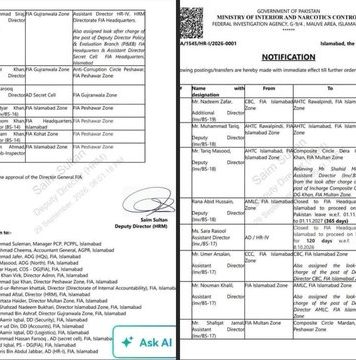 اسلام آباد (ٹی این ایس) ایف آئی اے میں افسران کے بڑے پیمانے پر تبادلے اور تعیناتیاں کردی گئیں،