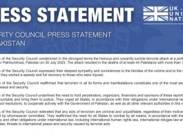 United Nation(TNS) : The United Nations Security Council strongly condemned the Bajaur blast * Terrorism of all kinds and forms is a serious threat to world peace