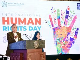Islamabad(TNS) President Dr Arif Alvi addressing an event in connection with International Human Rights Day, at Aiwan-e-Sadr, Islamabad