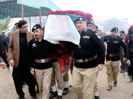 KPK (TNS) : The funeral prayer of Hujatullah, a CTD police officer who was martyred in the limits of Judicial Complex Peshawar, was performed with full official honors at Malik Saad Shaheed Police Lines Peshawar. presented*