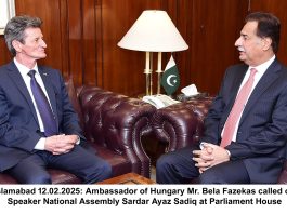 Islamabad (TNS) Ambassador of Hungary Mr. Béla Fazekas, calls on NA Speaker Sardar Ayaz Sadiq