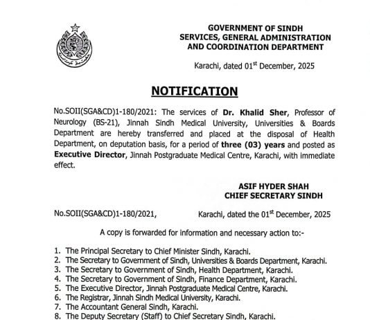 KARACHI (TNS) Karachi The Government of Sindh’s Services General Administration and Coordination Department has issued a notification appointing Professor Dr Khalid Sher as the Executive Director of Jinnah Postgraduate Medical Centre for a period of three years