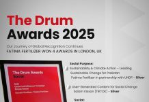 Lahore (TNS) Fatima Fertilizer wins four prestigious awards at The Drum Awards 2025 in London, UK