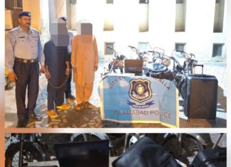 Islamabad (TNS) Two wanted members of theft gang arrested; four stolen motorcycles recovered