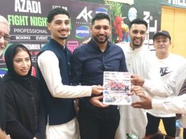 ISLAMABAD (TNS) Champions in the same frame, Founder President South Asian Sports Journalists Association Asghar Ali Mubarak, Legendary boxer Amir Khan, who won all 15 fights and knocked out his opponents 7 times, British boxer Osman Aslam, who won all three knockouts