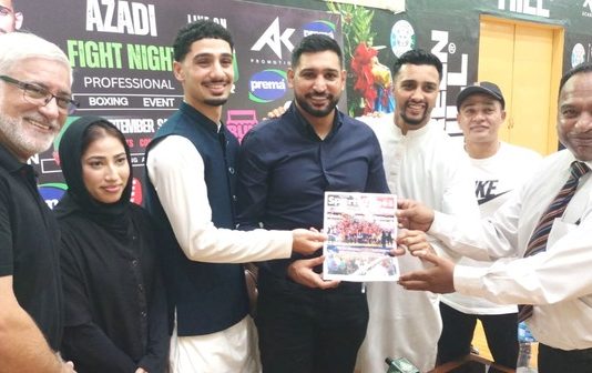 ISLAMABAD (TNS) Champions in the same frame, Founder President South Asian Sports Journalists Association Asghar Ali Mubarak, Legendary boxer Amir Khan, who won all 15 fights and knocked out his opponents 7 times, British boxer Osman Aslam, who won all three knockouts